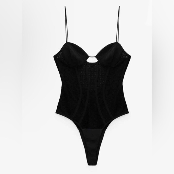 Zara Black peek a boo sheer mesh Lace Bodysuit Size small brand‎ new - Picture 5 of 10